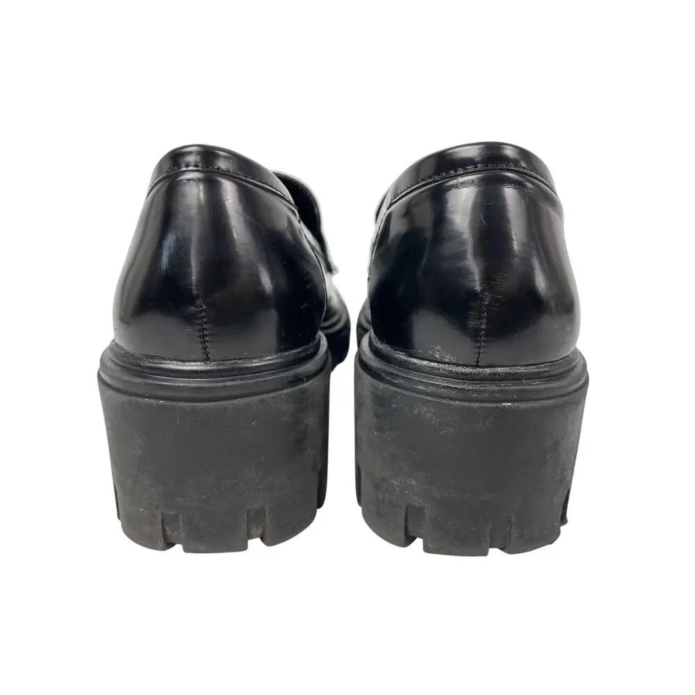 Crown Vintage Women's Black Leather Slip On Chunky Platform Loafer Shoes Sz 7.5